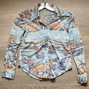 Vintage 1970’s handmade cropped fairytale swan lake print collared blouse